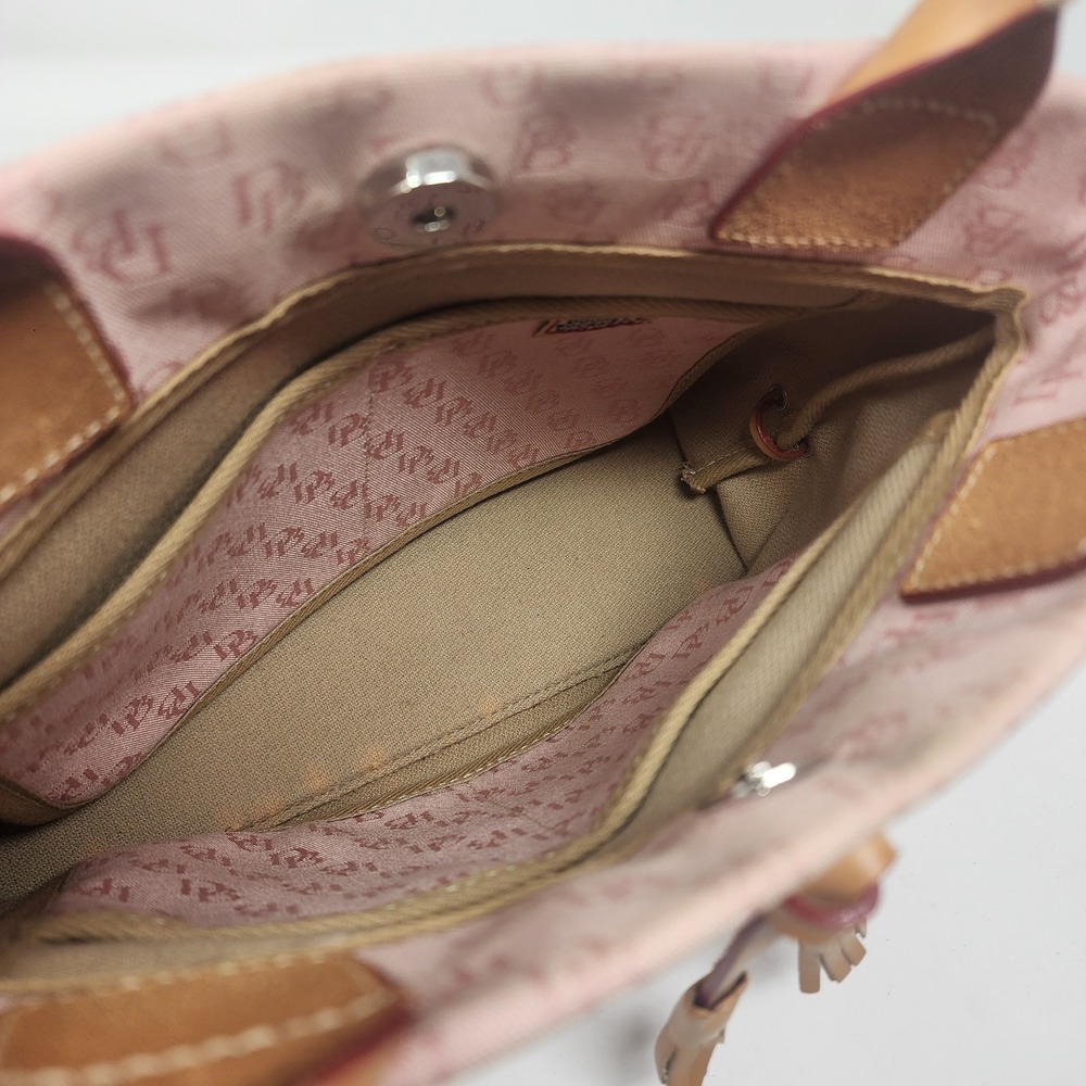 Dooney &Bourke Signature Tassel Tote Pink Monogram Canvas Tan Leather Trim - Picture 6 of 11